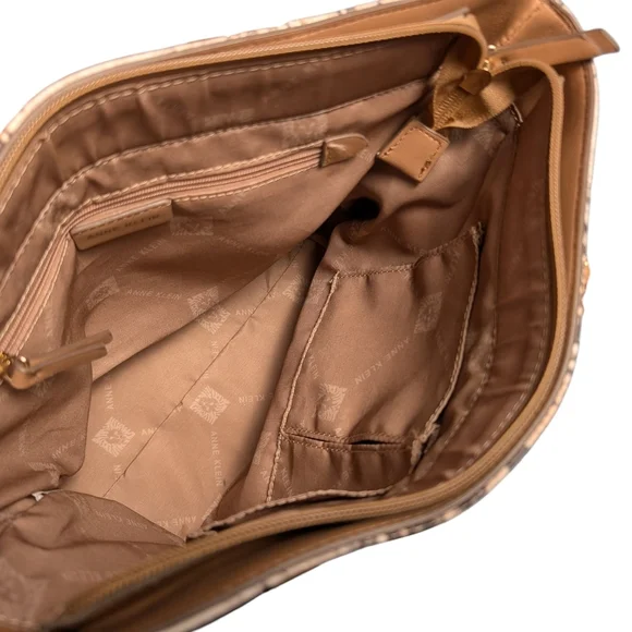 Anne Klein Snakeskin Pattern Tote Bag Matching Attached Keytag ID Tag Tan Straps - Picture 7 of 14